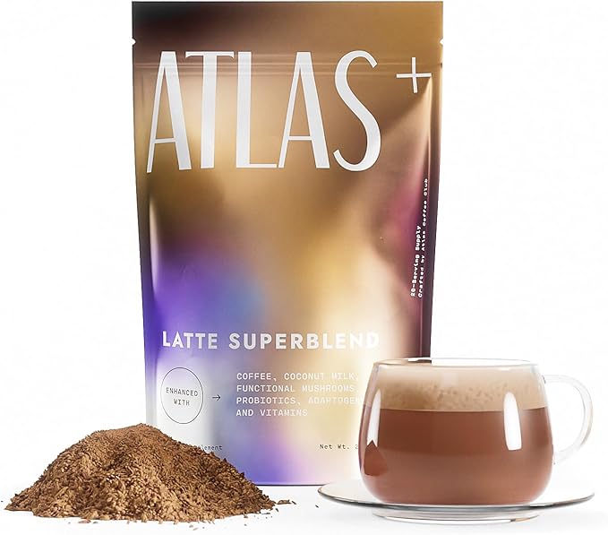 Atlas+ Latte Superblend– Instant Mushroom Coffee with Lion’s Mane, Reishi, Cordyceps, Ashwagandha, Probiotics, Vitamin D3 & B12, Coconut– for Energy, Focus, Immunity & Gut Health– 20 Servings (1 Bag)