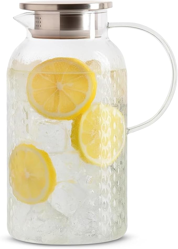 2 Liter 68 oz Glass Pitcher with Lid and Spout, Diamond Glass Carafe for Hot/Cold Water, Large Iced Tea Pitcher for Juice and Homemade Beverage