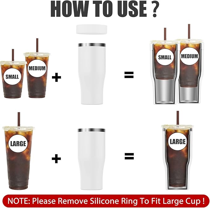 Universal Iced Coffee Sleeve - Insulated Double Wall Reusable Stainless Steel Holder Sleeves Insulator for Cold Drinks Fits Small Medium Large To Go Cups Gifts for Men Women Him Her (White)