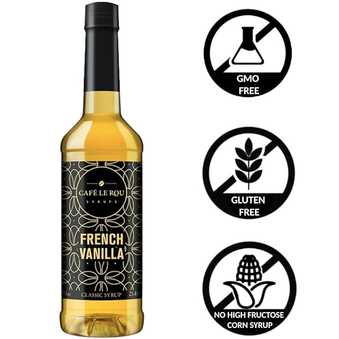 Café Le Rou French Vanilla classic syrup bottle with GMO free, gluten free, and no high fructose corn syrup icons
