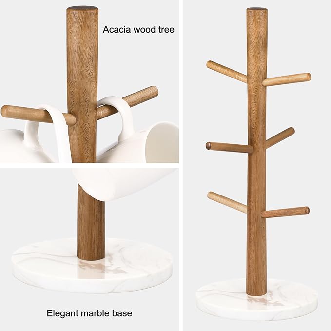 Buruis Wood Mug Holder, Marble Base Cup Rack Tree, Mug Stand Hanger, Kitchen Coffee Tree Countertop Tea Holder Stand, Coffee Cup Dryer with 6 Hooks (Round Base White)