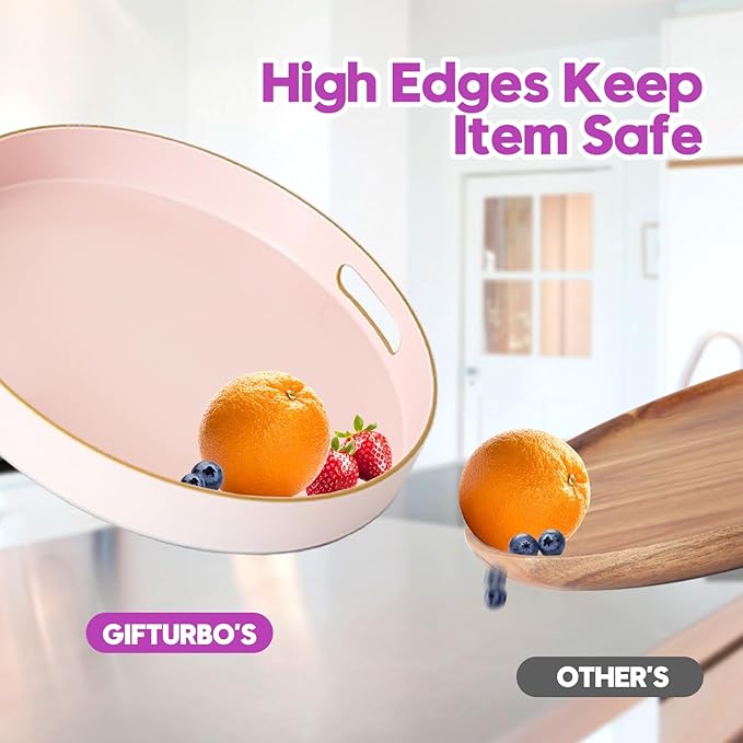 Gifturbo Matte Pink Decorative Serving Tray,Round Serving Trays with Handles, Coffee Table Tray Ottoman Round Plastic Trays for Living Room, Bathroom