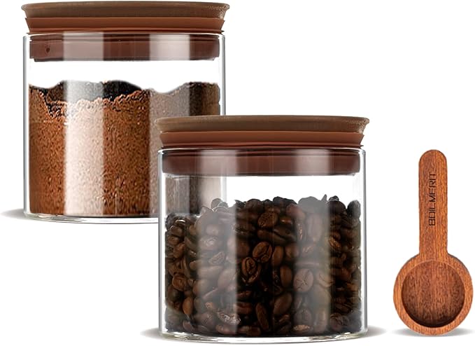 17 oz Coffee Canister with Scoop and Wooden Lids, Airtight Glass Coffee Beans Storage Container Sets of 2 for Ground Coffee,Food Storge Jars for Ground Coffee Bar Cereal Snack