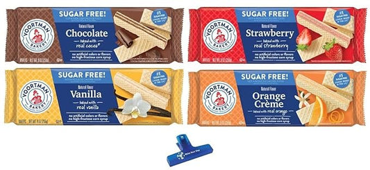 Voortman Bakery Sugar Free Wafers Bundle with Chocolate, Vanilla, Strawberry, Orange Creme, 9 Ounce (Pack of 4), and Make Your Day Bag Clip