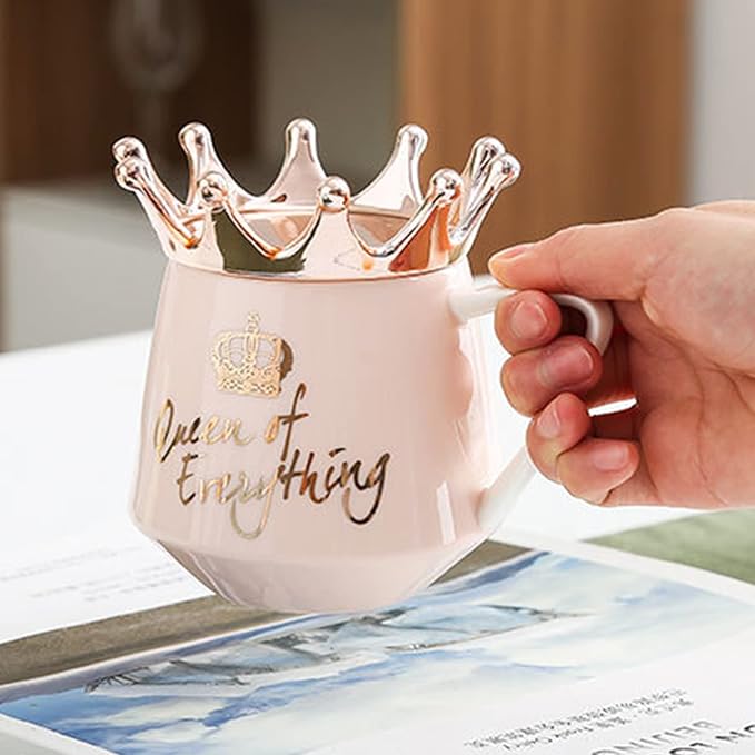 Pink Queen of Everything Mug with Lid Cute Pink Cup with Crown Tea Coffee Mugs Gift with Spoon & Coaster 12 oz Ceramic Cups Birthday Gifts for Women Girls Mom Friend Mothers Day Gifts for Mom