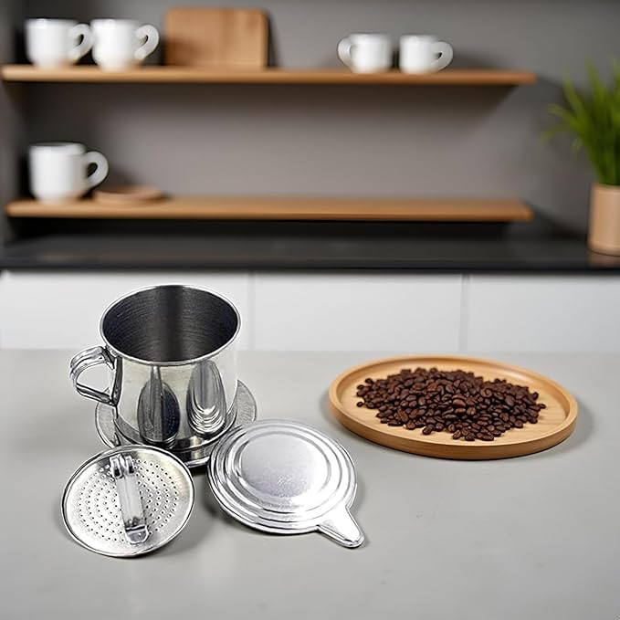 Silver Vietnamese Coffee Filter Stainless Steel Pot Drip Infuse Cup Brewing Teapot No Need Paper Drip Coffee Pot Machine Filter for Home Kitchen Office Outdoor ﻿