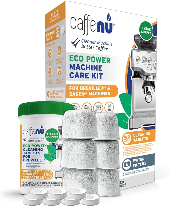 Caffenu Breville Compatible Cleaning Tablets & Water Filter. 52 Espresso Machine Cleaning Tablets & 6 Breville Filters for Espresso Machine. Removes Build-up & Filters Water Impurities. Years Supply.