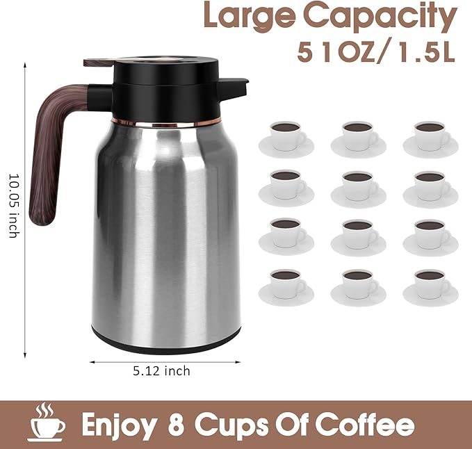51oz Thermal Coffee Carafe, Stainless Steel Carafes for Hot Liquids 12 Hours, Insulated Coffee Carafes For Keeping Hot Coffee, Hot Water, Tea, Hot Beverage (Silver)