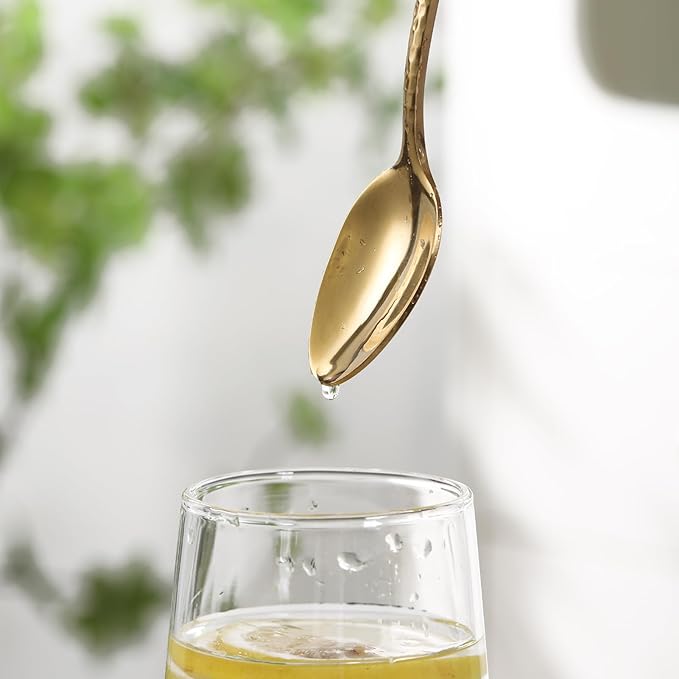 8.4-Inch Hammered Golden Ice Tea Spoons - Long Handle for Coffee, Ice Cream, Cocktail Stirring - Stainless Steel Set of 8