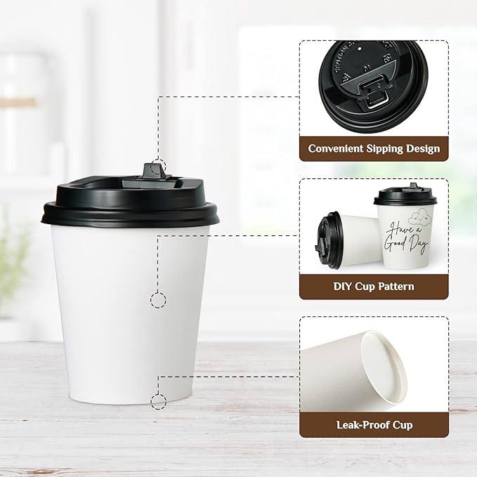 Vplus 500 Pack 8 OZ Paper Coffee Cups, Disposable 8 OZ Coffee Cups With Lids, Cold/Hot Drinking, For Home, Traveling, Stores, Office, And Events