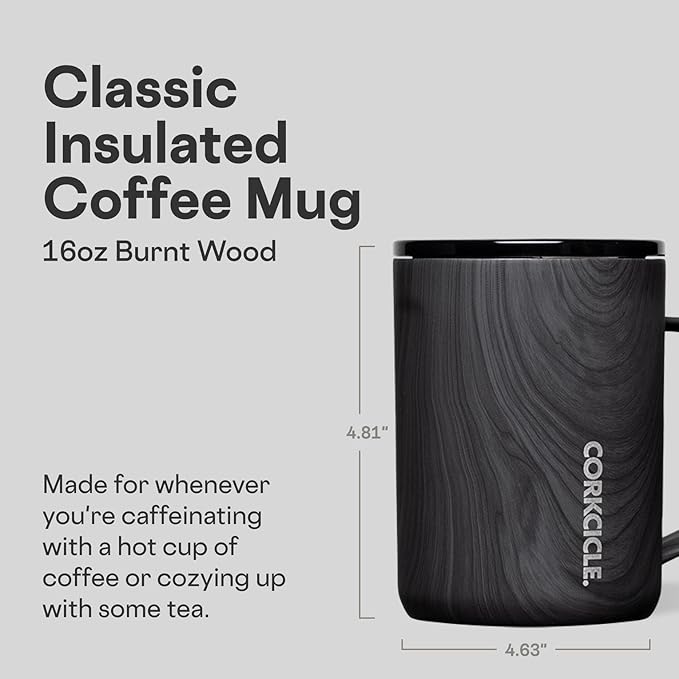 Corkcicle Classic Coffee Mug - Triple Insulated Stainless Steel for Travel - Shatter-Proof Lid - Keeps Drink Hot Over 3 Hours - Holiday Mug Gift - Great for Gifting Warmth - 16 oz - Burnt Wood
