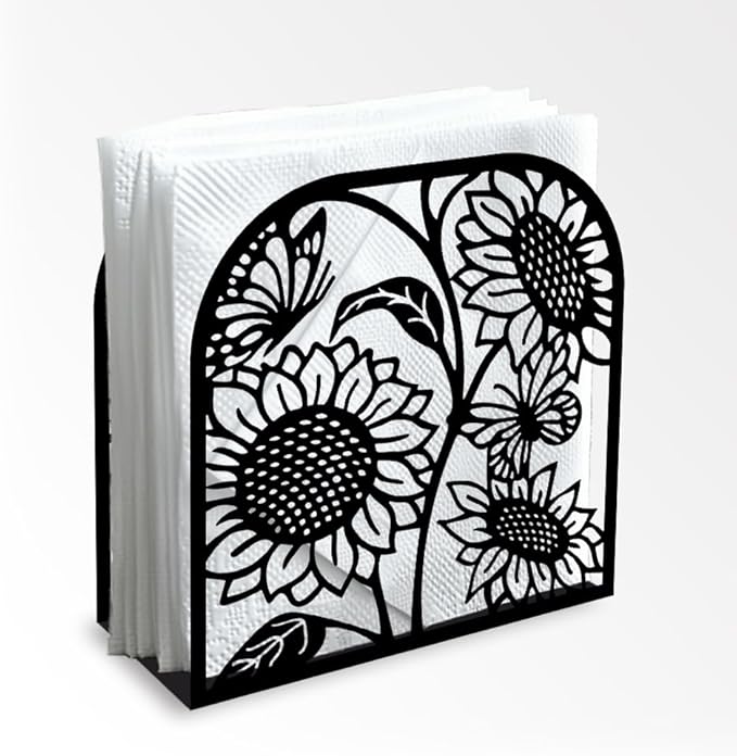 Sunflower and Butterfly Decorative Black Metal Napkin Holder for Table, 4.9" x 4.9" x 1.9" Standing Napkin Holder for Home Kitchen Restaurant Picnic Party Coffee Bar Dining Room