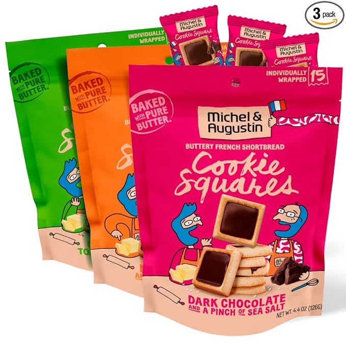 Michel et Augustin Cookies, Individually Wrapped Snacks, 3 Bag Variety Pack, Gourmet Chocolate Shortbread, 15 French Butter Cookies per bag