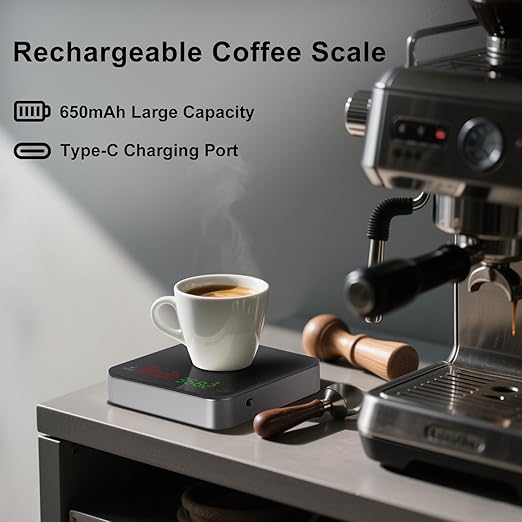 QP Mini Coffee Scale with Timer, 2kg/0.1g Accuracy Rechargeable Digital Espresso Scale with Timer, 3 Modes Digital Gram Scale for Coffee, g/ml/oz/lb, Capacitive Touch Control, Tempered Glass Surface