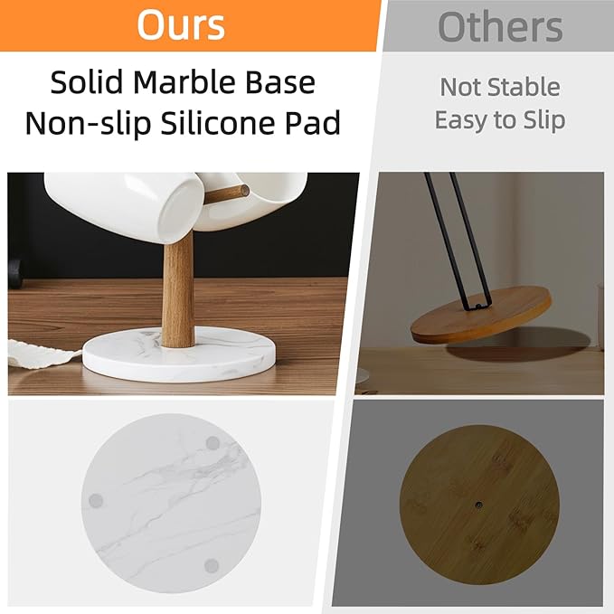 Buruis Wood Mug Holder, Marble Base Cup Rack Tree, Mug Stand Hanger, Kitchen Coffee Tree Countertop Tea Holder Stand, Coffee Cup Dryer with 6 Hooks (Round Base White)