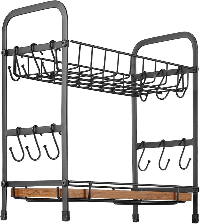 VEVOR 2 Tier Coffee Bar Organizer for Countertop, Multifunctional Mug Holder and Coffee Station, 12 Movable Hooks and 2 Shelves for Coffee Accessories Storage and Display, Home Office (Matte Black)