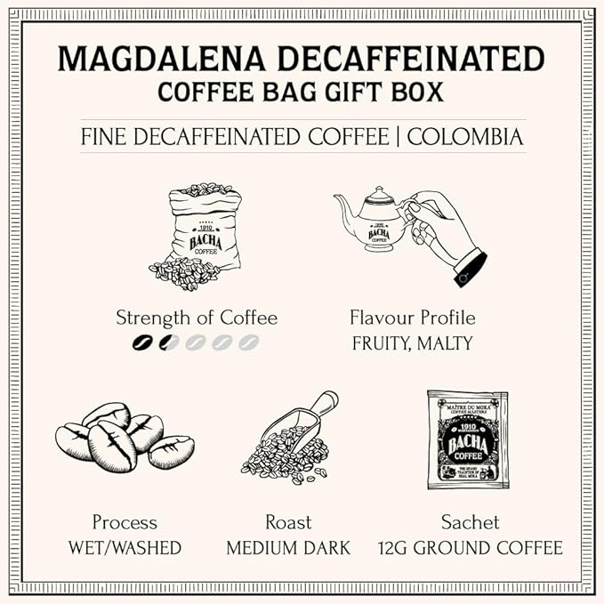 Bacha Coffee | Magdalena Decaf Colombia Single Origin, 100% Arabica Specialty Coffee Beans, Medium Dark Roast, x12 Individually Wrapped Single Serve Filter Bags