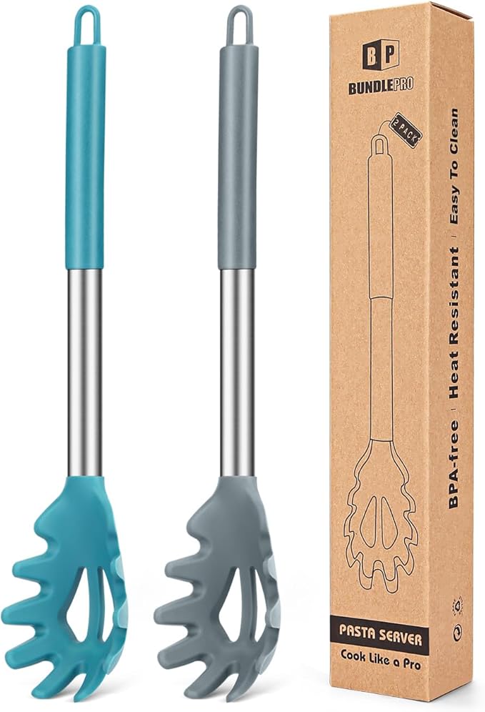 Pack of 2 Silicone Pasta Fork, Kitchen Heat Resistant Noodle Spoon Server, BPA Free Spaghetti Strainer, Best Cooking Tools (GRAY-BLUE)