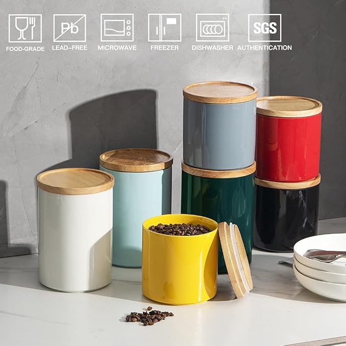 Sweejar Kitchen Canisters Ceramic Food Storage Jar, Stackable Containers with Airtight Seal Wooden Lid for Serving Coffee Bean, Flour, Tea, Cookies and More - 58 Fl Oz(Black)