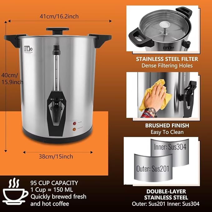 95 Cup 16L/4.23Gallon Commercial Coffee Urn, Festa Essential 1500W Large Percolate Coffee Maker, Hot Beverage dispenser With Double Dripless Faucet,Quick-Brewing Hot Water Urn for Catering,Home,Events