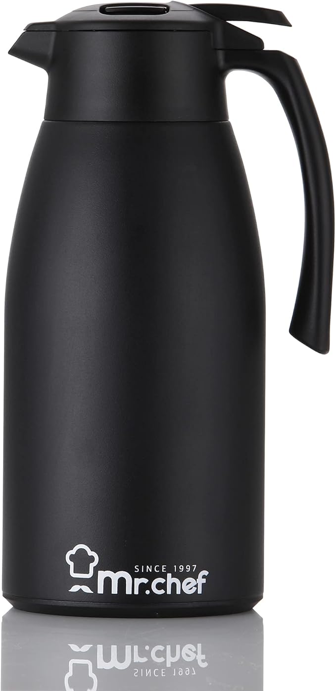 SINCE 1997 MR.CHEF 68Oz Thermal Coffee Carafe, Insulated Stainless Steel Coffee Carafes for Keeping Hot/Double Walled Vacuum Coffee Carafe (Black, 2L)