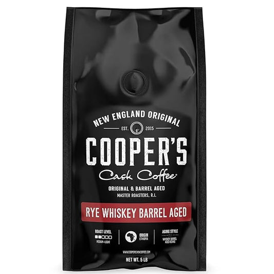 Rye Whiskey Barrel Aged Coffee, Single Origin Ethiopian Coffee Raw Beans Aged in Rye Whiskey Casks, Freshly Roasted, Battle Cry Whiskey, 5lb Bags, Whole Beans
