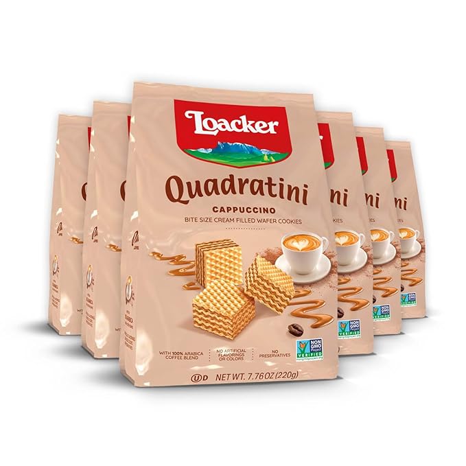 Loacker Quadratini Cappuccino Wafer Cookies LARGE - Premium Crispy Bite Size Wafers - 30% Less Sugar - NON-GMO - LARGE Pack of 6