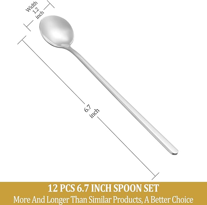 12 Pcs Teaspoons Set, 6.7 Inch Tea Spoons Long Handle, Small Teaspoons, Food Grade Stainless Steel Spoons, Long Spoon for Stirring, Metal Espresso Spoon, Coffee Bar Accessories