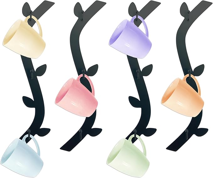 Ecqizer Coffee Mug Wall Rack - Metal Cup Holder Tree for Bar Decor - 4pcs Black Mounted Rack