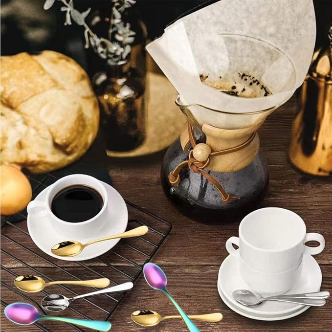 Demitasse Espresso Spoons, Mini Coffee Spoon, 4 Inches Stainless Steel Small Spoons for Dessert, Set of 6（Rainbow)