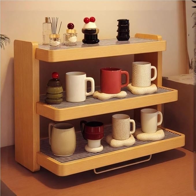 Wooden Trapezoid Mug Holder Stand Coffee Cup Display Shelf with Acrylic Panel and Copper Base Tea Mug Rack for Kitchen Room Decor