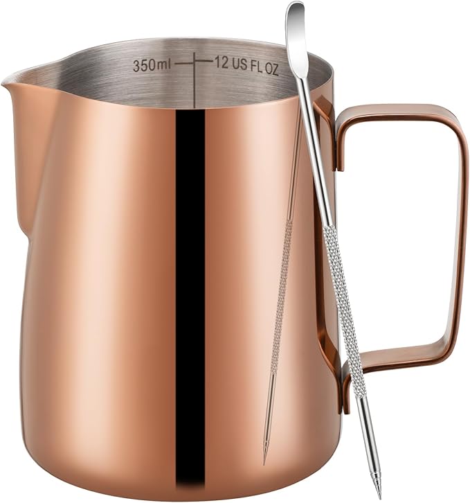 Milk Frothing Pitcher, 12 oz Milk Frother Cup with Clear Scale, 304 Stainless Steel Cappuccino Espresso Machine Accessories for Barista Coffee Bar with Latte Art Pen, Rose Gold