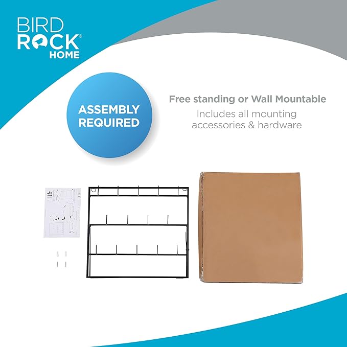 BIRDROCK HOME 14-Hook Mug Rack - Free Standing or Wall Mountable - Coffee Tea Cup Glass Storage Holder - Coffee Bar Display Décor - Decorative Kitchen Organizer - Flat Black Metal Steel