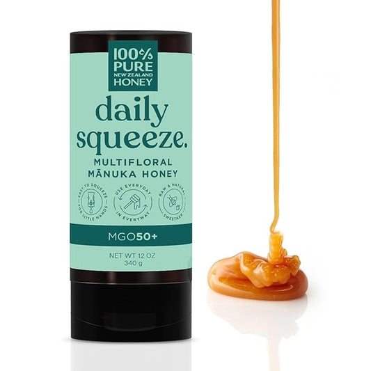 Manuka Honey New Zealand - MGO 50+ Multifloral 100% Pure New Zealand Mānuka Squeezy Honey, Raw Mānuka Honey, 12 Ounce