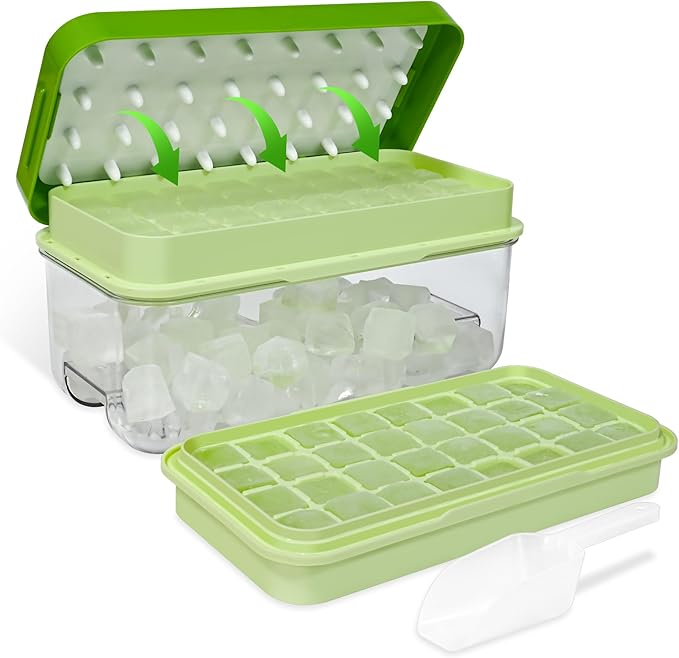Ice Trays for Freezer with Lid & Bin, Ice Cube Tray Making 64 pcs Ice Cubes, Easy Press to Release Ice, Ice Tray with Storage Bin Chilling Cocktail Whiskey Coffee 2 Trays 1 Ice Bucket & Scoop (Green)