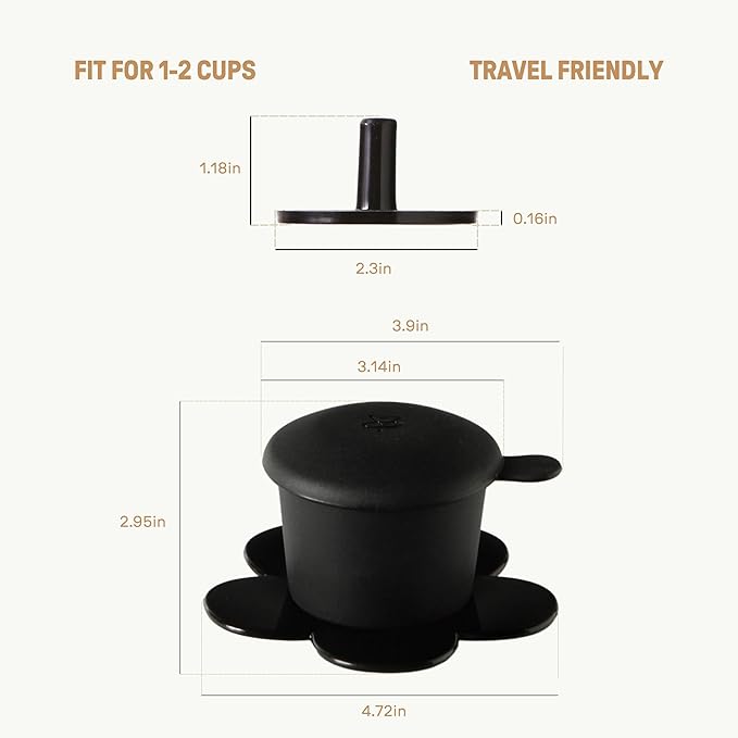 PHINOI Pour Over Coffee Dripper - Vietnamese Phin Filter – Single Cup Coffee Maker 1-2 Cup with Flower Design – Plastic Reusable Coffee Filter for Manual Brewing, Travel Friendly (Black)