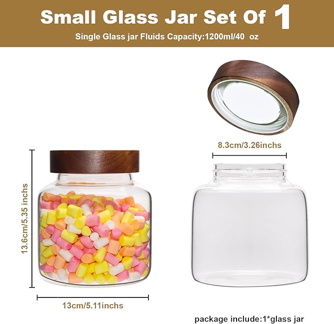 Glass Coffee Jars Spice Jar Round Storage Canister with Wooden Lid Clear Glass Food Jar for Pantry Sugar Tea Coffee Bean Spice Nuts Cookies Bath Salts (1200ml/40oz-1 Pack)