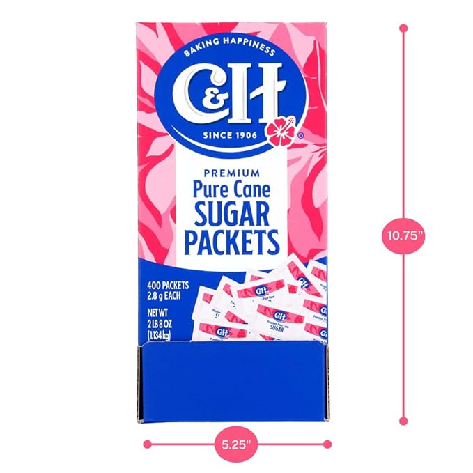 C&H Premium Pure Cane Sugar Packets, 0.10 Ounce (2.8 Gram) NON-GMO Packets, Pack of 400 in Dispenser Box