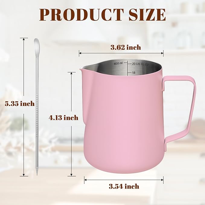 Milk Frothing Pitcher, 20 oz Milk Frother Cup with Clear Scale, 304 Stainless Steel Cappuccino Espresso Machine Accessories for Barista Coffee Bar with Latte Art Pen, Pink