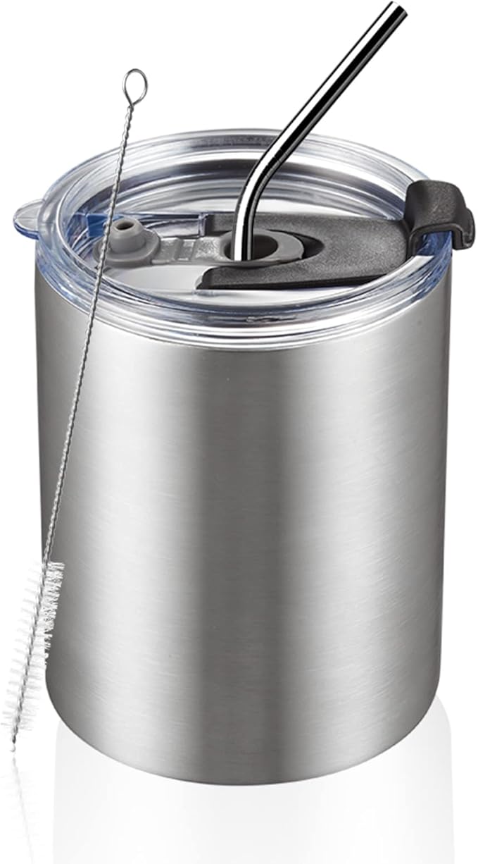 MEWAY 12 oz Lowball, Tumbler Stainless Steel Double Wall Vacuum Insulated Mug with Straw and Lid, Cleaning Brush ，Durable Powder Coated Insulated Coffee Cup for Cold & Hot Drinks (Silver, 1 Pack)