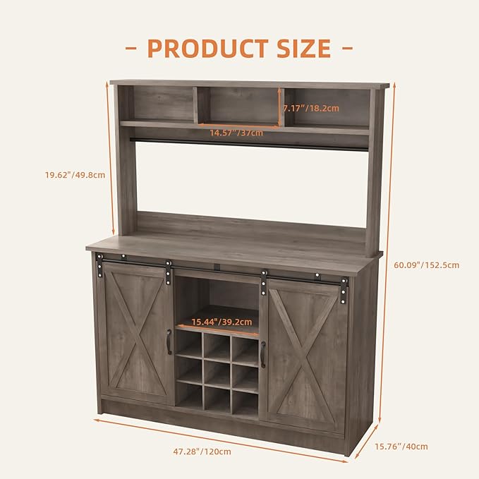 4ever2buy Farmhouse Coffee Bar Cabinet with 3 Storage Hutch, 47”Coffee Bar with Sliding Barn Doors, Hutch Cabinet with 6 Hooks & 9 Wine Racks for Dining Room, Kitchen, Wash Grey