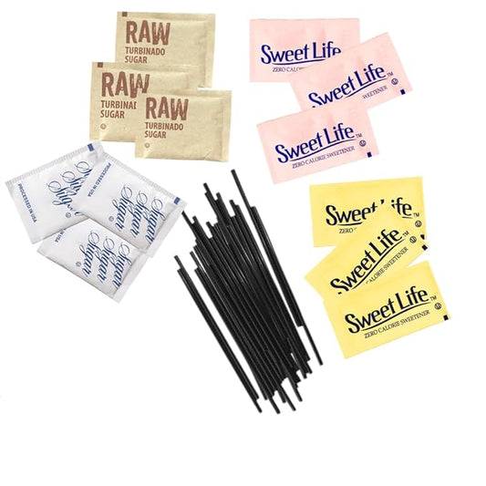 Happy Little Heart Sugar & Sweetener Assortment Packets - Sucralose, Saccharin, Brown Sugar, Pure Cane Sugar & HLH Sip and Stir Coffee Stirrers (400 Pack) - Perfect for Home, Office, Coffee Shops, Bars & Gifts!"