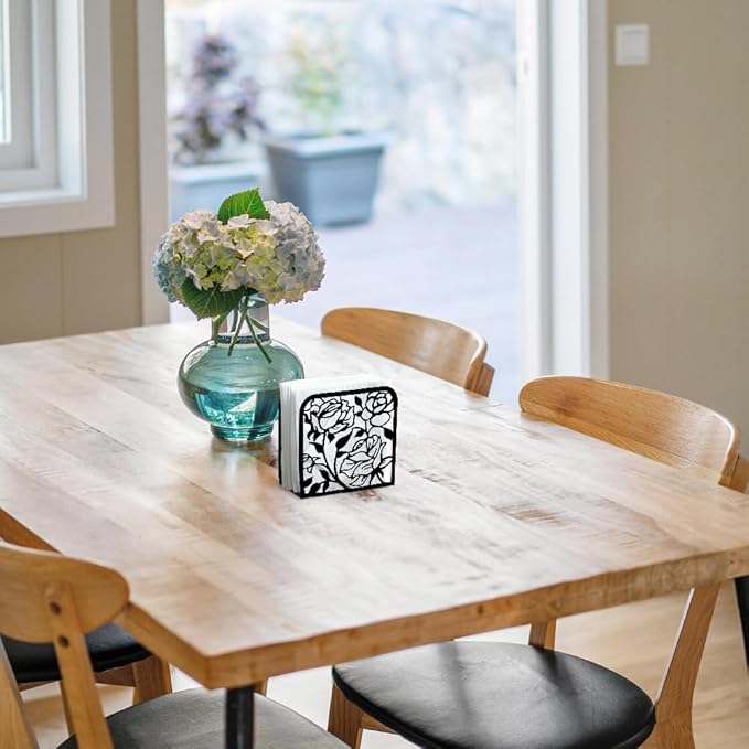 Rose Flower Decorative Black Metal Napkin Holder for Table, 4.9" x 4.9" x 1.9" Standing Napkin Holder for Home Kitchen Restaurant Picnic Party Coffee Bar Dining Room