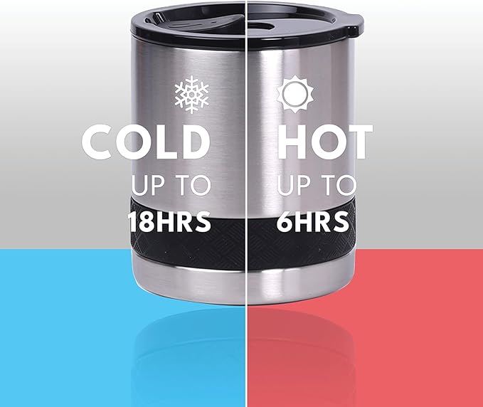 Elemental Recess Lowball Tumbler, 10oz Triple Wall Stainless Steel Cup with Non-Shattered Tritan Lid, Insulated Whiskey Glass, Insulated Coffee Tumbler Mug for Hot & Cold Drinks - Brushed Steel