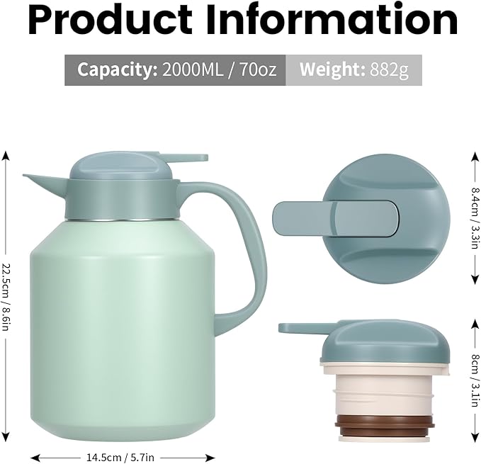 70 oz Thermal Coffee Carafe Insulated for Keeping Hot and Cold, Stainless Steel Vacuum Thermal Coffee Pot for Coffee, Tea, Water for Parties, Green