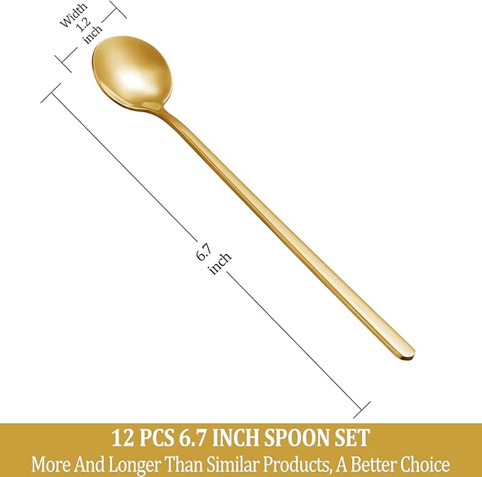 12 Pcs Coffee Spoons Set, 6.7" Gold Tea Spoons Long Handle, Gold Small Teaspoons, Stainless Steel Espresso Spoon, Long Spoon for Stirring, Coffee Bar Accessories