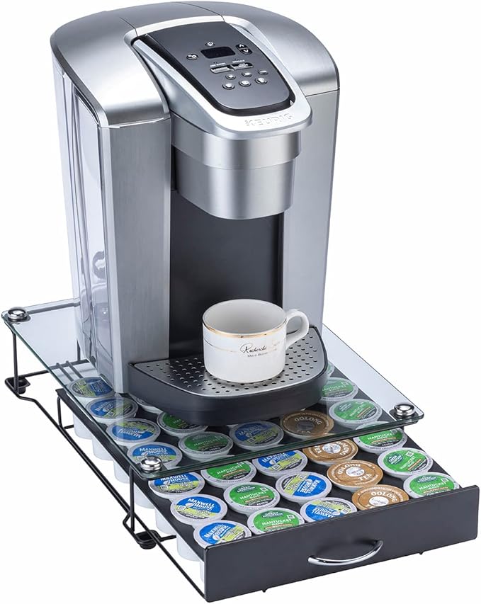ZCDCP K Cup Holder Drawer, Coffee Pod Holder for K Cup Orgainzer with Termpered Glass Top, Keurig Coffee Pods Holder Capsule with 35 Pods, Black
