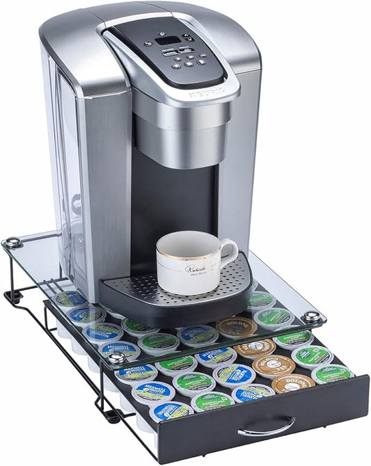 ZCDCP K Cup Holder Drawer, Coffee Pod Holder for K Cup Orgainzer with Termpered Glass Top, Keurig Coffee Pods Holder Capsule with 35 Pods, Black