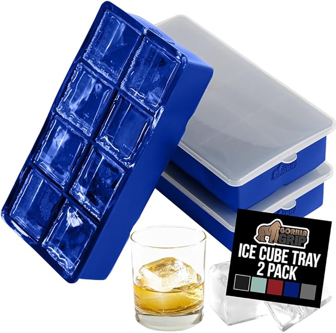 GORILLA GRIP Slow Melting Large Silicone Ice Cube Tray for Freezer, 2 Pack, Easy to Push 8 Giant Square Cubes, Use for Cocktails, Iced Coffee, Water Bottle, Puree, Kitchen Bar Essentials, Royal Blue