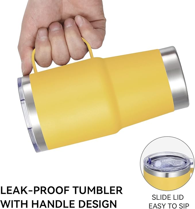 VEGOND 20 oz Tumbler with Handle Lid and Straw, Stainless Steel Insulated Travel Coffee Mug Spill Proof Double Wall Metal Tumbler Cup Keeps Drink Hot and Cold, Yellow 1 Pack